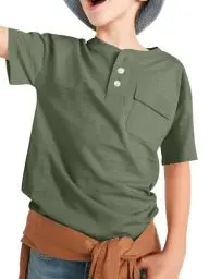 Produktbild: Haloumoning Kurzarm T-Shirt Jungen Sommer Henley Tee Basic Shirts Kinder Tops mit Tasche, Olivgrün, 6-8 Jahre