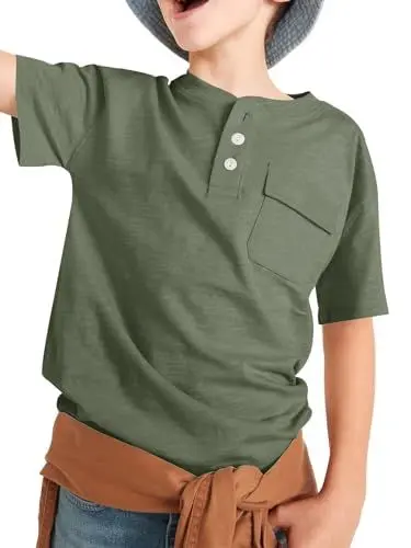Produktbild: Haloumoning Kurzarm T-Shirt Jungen Sommer Henley Tee Basic Shirts Kinder Tops mit Tasche, Olivgrün, 6-8 Jahre