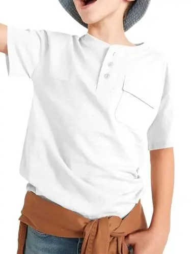 Produktbild: Haloumoning Kurzarm T-Shirt Jungen Sommer Henley Tee Basic Shirts Kinder Tops mit Tasche, Weiß, 8-10 Jahre