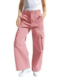 Produktbild: Haloumoning Mädchen Cargohose Baumwoll Y2K Baggy Cargo Hose Kinder Straight Leg Hohe Taille Jogginghose Casual Outdoorhose mit Elastische Taille und Taschen, Rosa, 11-12 Jahre