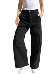 Produktbild: Haloumoning Mädchen Cargohose Baumwoll Y2K Baggy Cargo Hose Kinder Straight Leg Hohe Taille Jogginghose Casual Outdoorhose mit Elastische Taille und Taschen, Schwarz, 13-14 Jahre