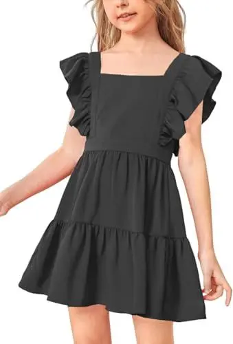 Produktbild: Haloumoning Mädchen Kleid Quadratischer Ausschnitt Sommerkleid Rüschenärmel A-Linie Swing Casual Party Minikleider 4-14 Jahre Schwarz 10-12 Jahr