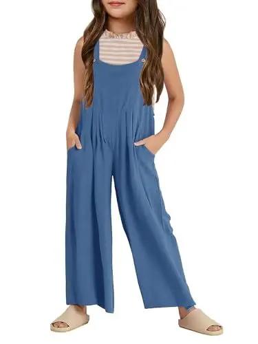 Produktbild: Haloumoning Mädchen Overalls Kinder Lässiger ärmelloser Jumpsuit mit weitem Bein Lose Strampler mit Taschen Blau 6-8 Jahre