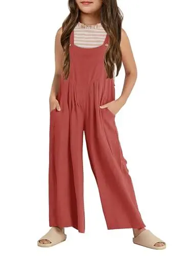 Produktbild: Haloumoning Mädchen Overalls Kinder Lässiger ärmelloser Jumpsuit mit weitem Bein Lose Strampler mit Taschen Ziegelrot 10-12 Jahre