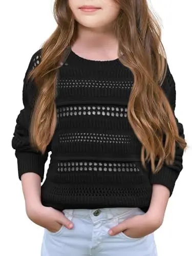 Produktbild: Haloumoning Mädchen Pullover Kinder Langarm Rundhals Einfarbige Strickpullover Mode Casual Hohle Pulli,Schwarz,13-14Jahre