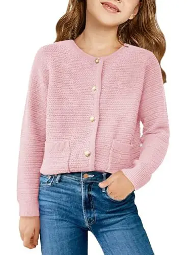 Produktbild: Haloumoning Mädchen Rundhals Cardigan Langarm Strickjacke Pullover Kinder Mode Leichter Strickpullover, Rosa, 5-6 Jahre