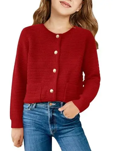 Produktbild: Haloumoning Mädchen Rundhals Cardigan Langarm Strickjacke Pullover Kinder Mode Leichter Strickpullover, Weinrot, 11-12 Jahre
