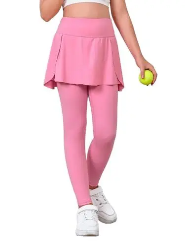Produktbild: Haloumoning Mädchen Tennisröcke mit Leggings Active Sportleggings Athletic Dance Hosen Fitness Gymnastik Sporthosen with Pockets Rosa 140