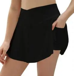 Produktbild: Haloumoning Tennisrock Mädchen Rock mit Hose Drunter Crossover High Waist Golf Skorts Sportrock für Kinder Sommer A-Linie Kurz Hosenrock Breezeful Falten Röcke Schwarz 6-7 Jahre