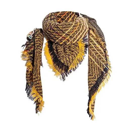 Produktbild: Halstuch Damen Schwarz Loop Schal Damen Baumwolle Karierte Decke Dicker Winterschal Tartan Chunky Wrap Übergroßer Schal Cape Schals Schultertuch Damen Festlich Seidenschal Schwarz (Yellow, One Size)