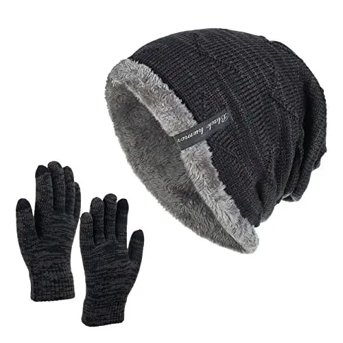 Produktbild: YCBMINGCAN Trachtenhut Damen Beige Hut Neutral Damen Herren und Winter Einfarbig Wollmütze Verdickt Warmer Gehörschutz Kalt Strickmütze Handschuh Zweiteiliges Set Winterset Damen (Navy, One Size)