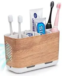 Produktbild: Halter Elektrische Zahnbürste Multifunktionale Organizer Zahnbürsten mit Verstellbaren Trennwänden, Holzmaserung Farbe Zahnbürstenhalter für Elektrische, Einfach zu Säubern