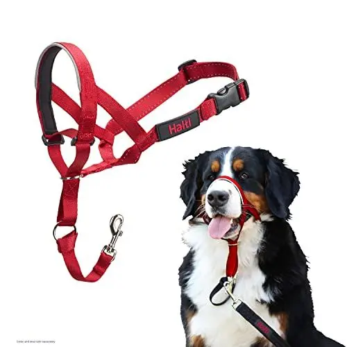 Produktbild: HALTI Kopfgeschirr - Verhindert, dass Ihr Hund an der Leine zieht, Einfache Anpassung, Leicht, mit gepolstertem Nasenriemen, Anti-Zug-Halsband für große Hunde (Größe 4, Rot)