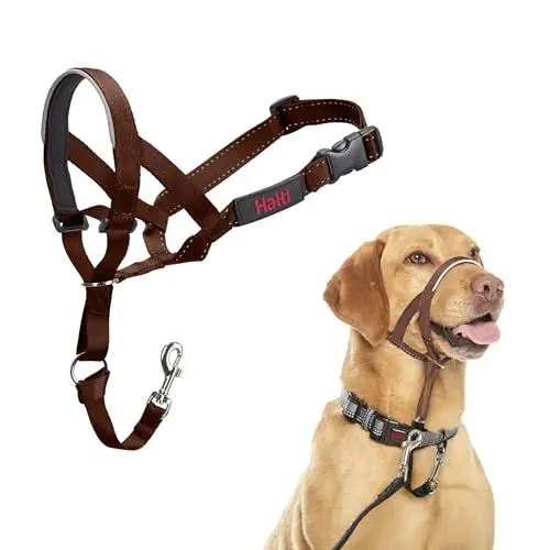Produktbild: HALTI Kopfgeschirr - Verhindert, dass Ihr Hund an der Leine zieht, Einfache Anpassung, Leicht, mit gepolstertem Nasenriemen, Anti-Zug-Halsband für mittelgroße Hunde (Größe 3, Walnussbraun)