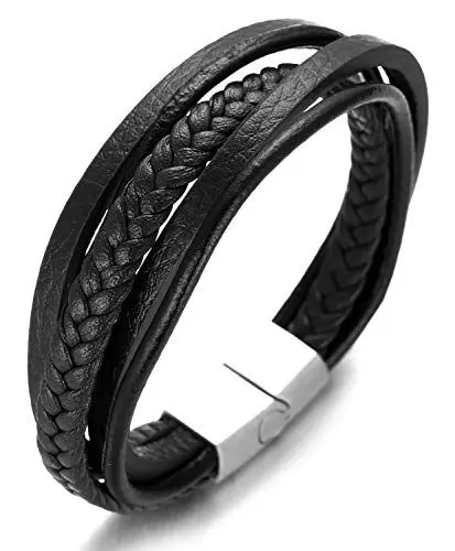 Produktbild: Halukakah Basics ● Ausflug ● Herren-Armband Handgefertigt | Echtleder in Schwarz | Magnetverschluss aus Edelstahl in Silber | KOSTENLOS Geschenkbox | Tolle Geschenkidee | 21.5cm