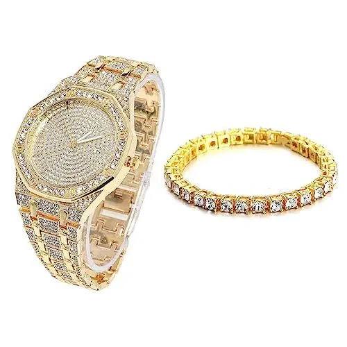 Produktbild: Halukakah Diamant Golduhr Iced Out, Männer 18k Echtgold Plattiert Quarz Armband 22cm Achteckiges Zifferblatt, mit Tennis-Ketten Armband 20cm, Kommt mit Geschenkbox