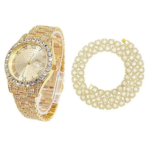 Produktbild: Halukakah Diamant Golduhr für Männer,18k Echtgold Plattiert Quarz Armband 24cm Rundes Zifferblatt,mit Diamant-Cluster Tennis-Ketten Halskette 45cm,mit Geschenkbox