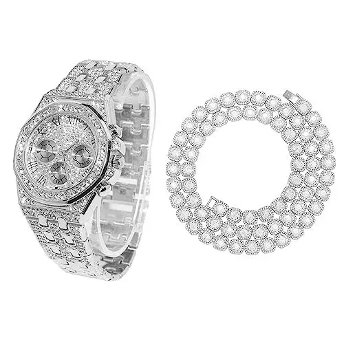 Produktbild: Halukakah Diamant Golduhr für Männer, Platin Weißgold Plattiert 20mm Breite Quarz Armband 22cm,mit Diamant-Cluster Tennis-Ketten Halskette 45cm,mit Geschenkbox