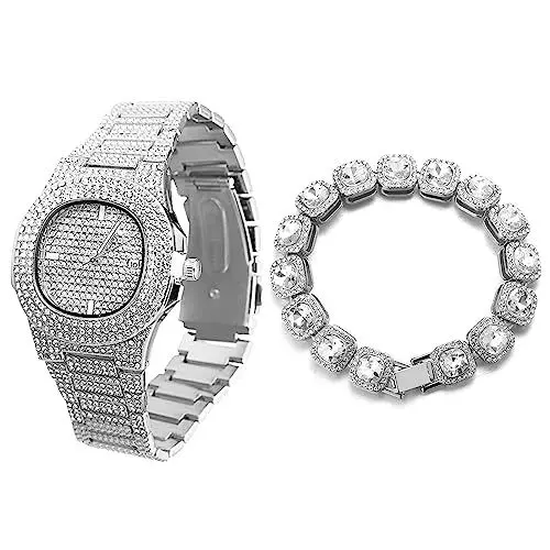 Produktbild: Halukakah Diamant Golduhr für Männer,Platin Weißgold Plattiert Quarz Armband 24cm Ovales Zifferblatt,mit Diamant-Cluster Tennis-Ketten Armband 20cm,mit Geschenkbox