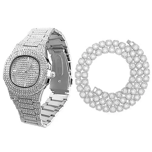 Produktbild: Halukakah Diamant Golduhr für Männer,Platin Weißgold Plattiert Quarz Armband 24cm Ovales Zifferblatt,mit Diamant-Cluster Tennis-Ketten Halskette 45cm,mit Geschenkbox
