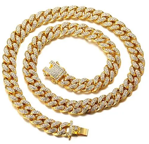 Produktbild: Halukakah Goldkette Herren Iced Out,18 Karat Echt Gold Vergoldete 14mm Männer Choker Kette,Goldenes,Miami Kubanische Panzerkette,45cm,Geschenk für Mann