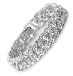 Produktbild: Halukakah Goldkette Herren Iced Out,Echt Weißgold Vergoldete 14mm Männer Armband,Silber,Miami Kubanische Panzerkette,18cm,Geschenk für Mann
