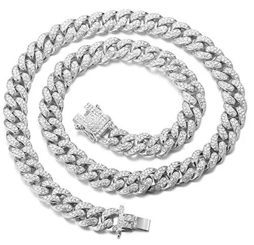 Produktbild: Halukakah Goldkette Herren Iced Out,Echt Weißgold Vergoldete 14mm Männer Choker Kette,Silber,Miami Kubanische Panzerkette,45cm,Geschenk für Mann