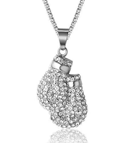 Produktbild: Halukakah Goldkette Herren Iced Out,Platin überzogen Weißgold Volle Cz Boxhandschuhe Anhänger Halskette,Labordiamants Zinken-Set,mit Seilkette 60cm,KOSTENLOSE Geschenkbox