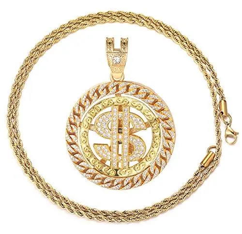 Produktbild: Halukakah Goldkette für Männer Iced Out,18 Karat Echt Vergoldet Rotierende Dollar Geld Anhänger Halskette Volle Cz Labordiamanten Zinken-Set mit Seilkette 60cm Kostenlose Geschenkbox