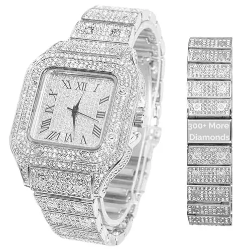 Produktbild: Halukakah Herren-Diamantuhr,Über 2000 Diamanten - Der König (Verbesserte Ausgabe) – mit Platin Überzogen,40mm Quadratisches Zifferblatt,380 Zusätzliche Diamanten auf der Bandrückseite,mit Geschenkbox