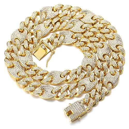 Produktbild: Halukakah Herren Goldkette Iced Out,13MM Männer Kaffeebohne Kubanische Kette Miami 18 Karat Echt Vergoldet Halsband Halskette 50cm,Volle Cz Diamant Schnitt Zinken-Set,Geschenk für ihn