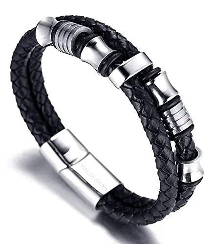 Produktbild: Halukakah Kinder ● Ehre Junior ● Jungen Armband Handgefertigt | Echtleder in Schwarz | Magnetverschluss Edelstahl | Titan Perlen in Silber | KOSTENLOS Geschenkbox | 6-12 Y/O. 18cm