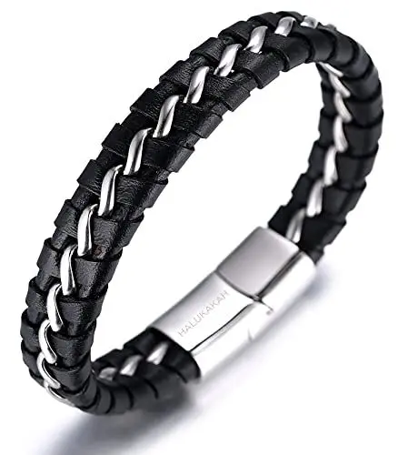 Produktbild: Halukakah Kinder ● Solo Junior ● Jungen Armband Handgefertigt | Echtleder Klassisch Schwarz | Magnetverschluss Edelstahl in Silber | mit Titan Kette in Silber | 6-12 Y/O. 18cm