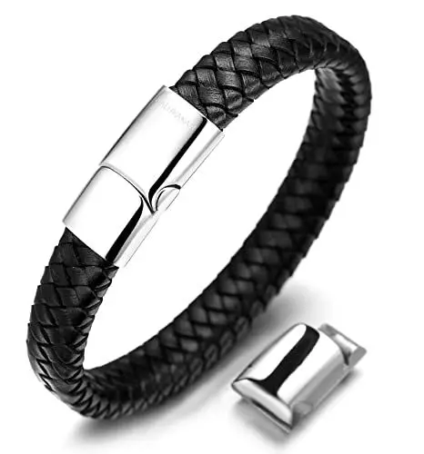 Produktbild: Halukakah Kinder ● Solo Junior ● Jungen Armband Handgefertigt | Echtleder Schwarz | Magnetverschluss Edelstahl in Silber | KOSTENLOS Geschenkbox | 6-12+3 Y/O. Gr??e Einstellbar 18-19.5cm