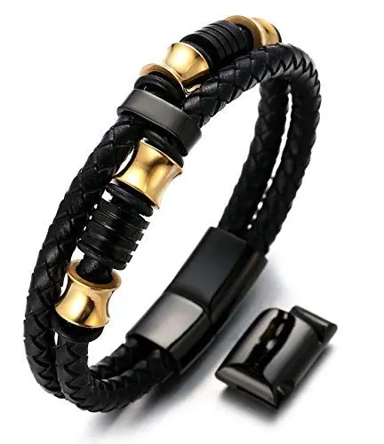 Produktbild: Halukakah Herren Echtes Lederarmband mit Titanperlen Gold/Silber/Schwarz Magnetverschluss Größe Einstellbar 21.5-23cm mit Gratis Geschenkbox (Gold Schwarz 21.5-23cm)