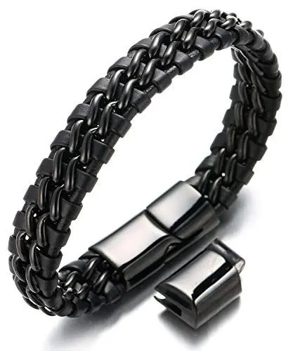 Produktbild: Halukakah Plus ● Nachtwache ● Herren-Armband Handgefertigt | Echtleder in Schwarz | Magnetverschluss Edelstahl | Doppelkette in Schwarz | KOSTENLOS Geschenkbox | Größe Einstellbar 21.5cm-23cm