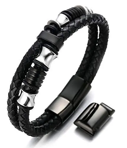Produktbild: Halukakah Herren Echtes Lederarmband mit Titanperlen Gold/Silber/Schwarz Magnetverschluss Größe Einstellbar 21.5-23cm mit Gratis Geschenkbox (Silber Schwarz 21.5-23cm)