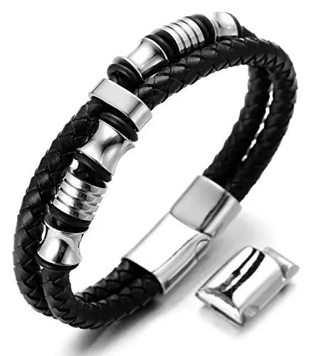 Produktbild: Halukakah Herren Echtes Lederarmband mit Titanperlen Gold/Silber/Schwarz Magnetverschluss Größe Einstellbar 21.5-23cm mit Gratis Geschenkbox (Silber 21.5-23cm mit extra Verschluss)