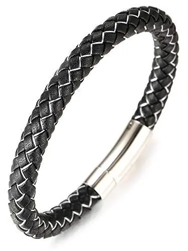 Produktbild: Halukakah Premium ● Roma ● Herren-Armband Handgefertigt | Echtleder in Schwarz & Mondlicht Silber | Rohr Magnetverschluss Edelstahl in Silber | KOSTENLOS Geschenkbox | Tolle Geschenkidee | 21.5cm