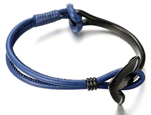 Produktbild: Halukakah Premium ● Segeln ● Herren-Armband Handgefertigt | Echtleder in Blau | Kreuzgeflecht | Anker Verschluss Edelstahl Schwarz | KOSTENLOS Geschenkbox | Tolle Geschenkidee |21.5cm