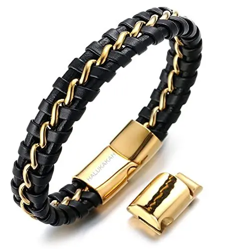 Produktbild: Halukakah ● Ehre ● Herren-Armband Handgefertigt | Echtleder in Schwarz | Magnetverschluss Edelstahl Gold | mit Titan Kette in Gold | KOSTENLOS Geschenkbox | Tolle Geschenkidee | 21.5cm-23cm