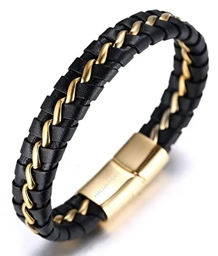 Produktbild: Halukakah ● Ehre ● Herren-Armband Handgefertigt | Echtleder in Schwarz | Magnetverschluss Edelstahl Gold | mit Titan Kette in Gold | KOSTENLOS Geschenkbox | Tolle Geschenkidee | 21.5cm