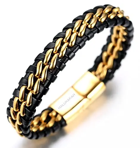 Produktbild: Halukakah ● Ehre ● Herren-Armband Handgefertigt | Echtleder in Schwarz | Magnetverschluss aus Edelstahl in Gold | KOSTENLOS Geschenkbox | Tolle Geschenkidee | 21.5cm