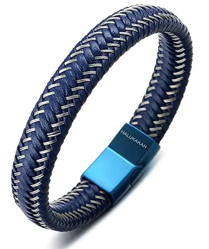 Produktbild: Halukakah ● Jazz ● Herren-Armband Handgefertigt | Echtleder Schwarz & Braun | Magnetverschluss Edelstahl | mit Stahldraht | KOSTENLOS Geschenkbox | Größe Einstellbar (Segel Blau 21.5cm)