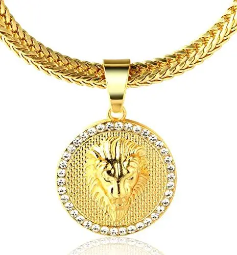 Produktbild: Halukakah ● Kings Landing ● Herren Goldekette Männer 18 Karat Vergoldetete Krone Löwe Anhänger Halskette mit Kostenloser Haischwanz Kette 30
