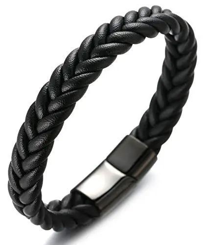Produktbild: Halukakah ● Roma ● Herren-Armband Handgefertigt | Echtleder in Schwarz | Magnetverschluss aus Edelstahl in Schwarz | V-Muster | KOSTENLOS Geschenkbox | Tolle Geschenkidee | 21.5cm