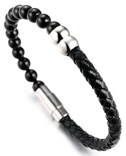 Produktbild: Halukakah ● Salute Die Dunkelheit ● Herren-Armband Handgefertigt | Echtleder Schwarz | Rohr Magnetverschluss Edelstahl in Silber | Naturstein Obsidian Stein Perlen | KOSTENLOS Geschenkbox | 21.5cm