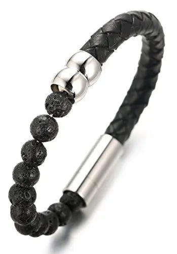 Produktbild: Halukakah ● Salute Die Erde ● Herren-Armband Handgefertigt | Echtleder Schwarz | Rohr Magnetverschluss Edelstahl in Silber | mit Naturstein Lava Rock Perlen | KOSTENLOS Geschenkbox | 21.5cm
