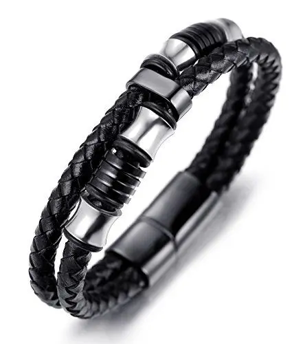 Produktbild: Halukakah ● Schatten ● Herren-Armband Handgefertigt | Echtleder Schwarz | Magnetverschluss Edelstahl in Schwarz | mit Titan Perlen in Silber & Schwarz | KOSTENLOS Geschenkbox | 21.5cm