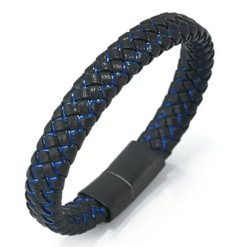 Produktbild: Halukakah ● Solo ● Herren-Armband Handgefertigt | Echtleder Schwarz | Magnetverschluss Edelstahl | Blaue Schnur | KOSTENLOS Geschenkbox| 21.5cm